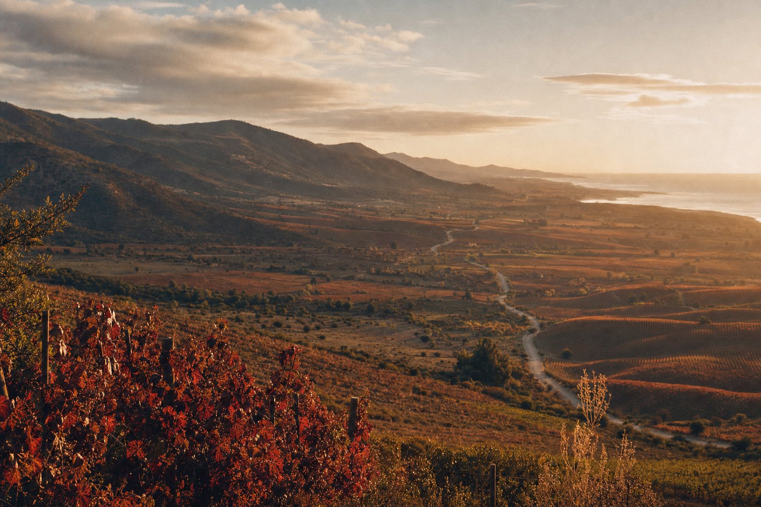 Vista del Valle de Casablanca al atardecer, con un camino que cruza los viñedos hacia la costa del Pacífico